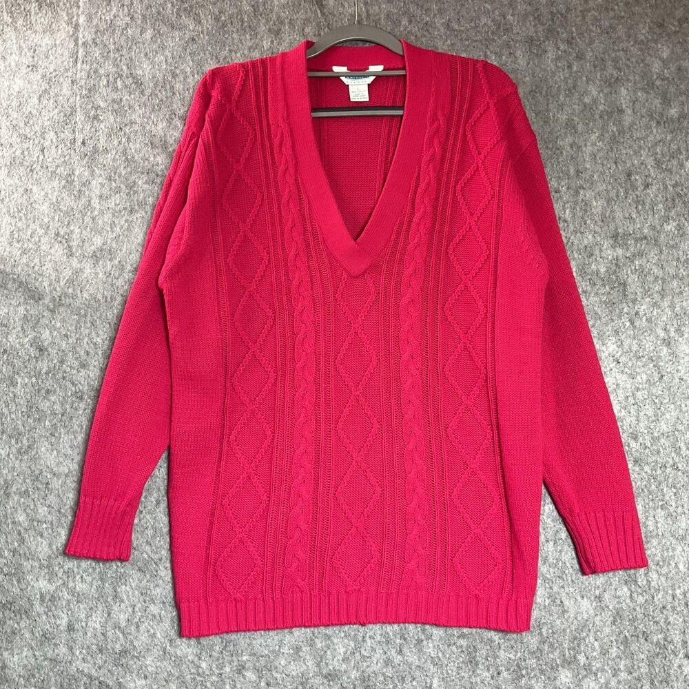 Vintage Sweater Womens Large Pink V Neck Cable Knit Pullover 90s Retro Preppy